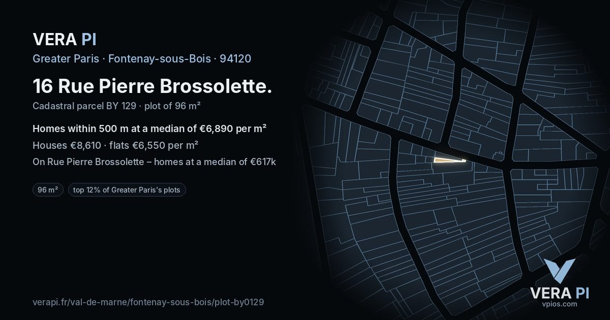 16 Rue Pierre Brossolette, Fontenay-sous-Bois at night – the plot lit, the parcels around coloured by the prices near them