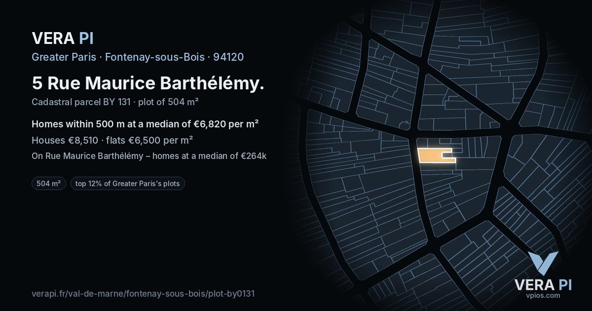 5 Rue Maurice Barthélémy, Fontenay-sous-Bois at night – the plot lit, the parcels around coloured by the prices near them