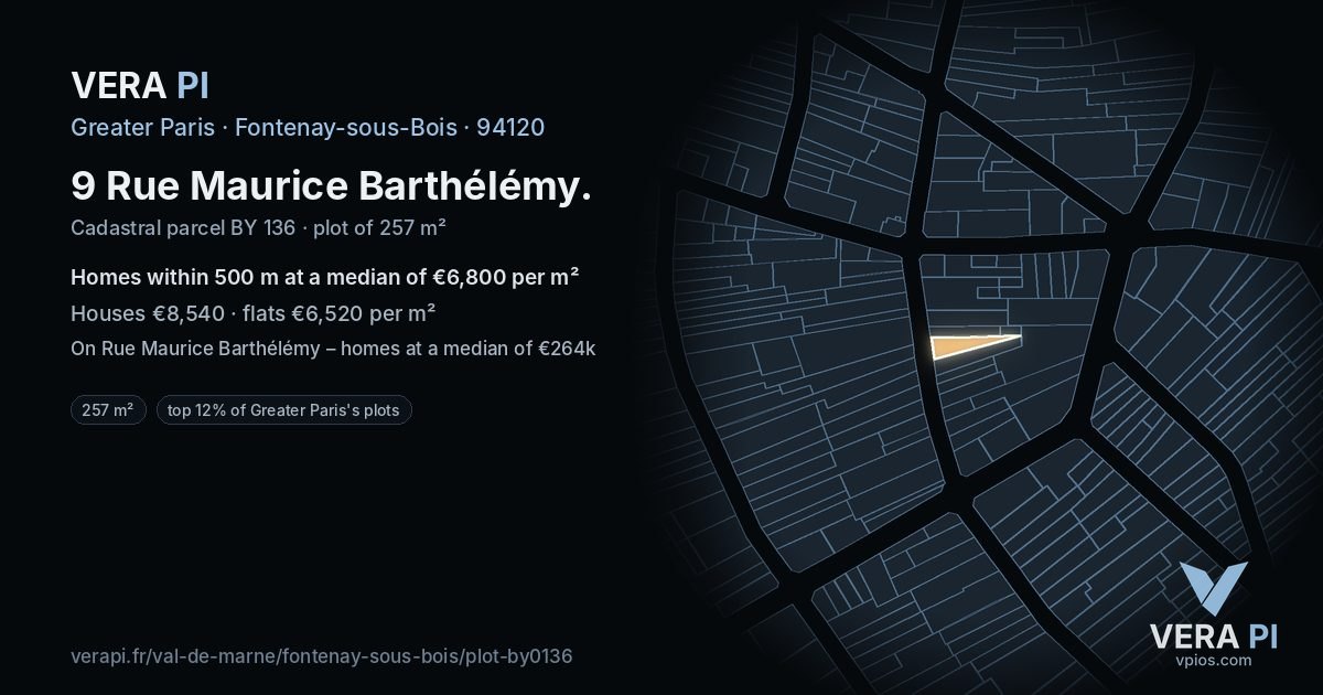 9 Rue Maurice Barthélémy, Fontenay-sous-Bois at night – the plot lit, the parcels around coloured by the prices near them