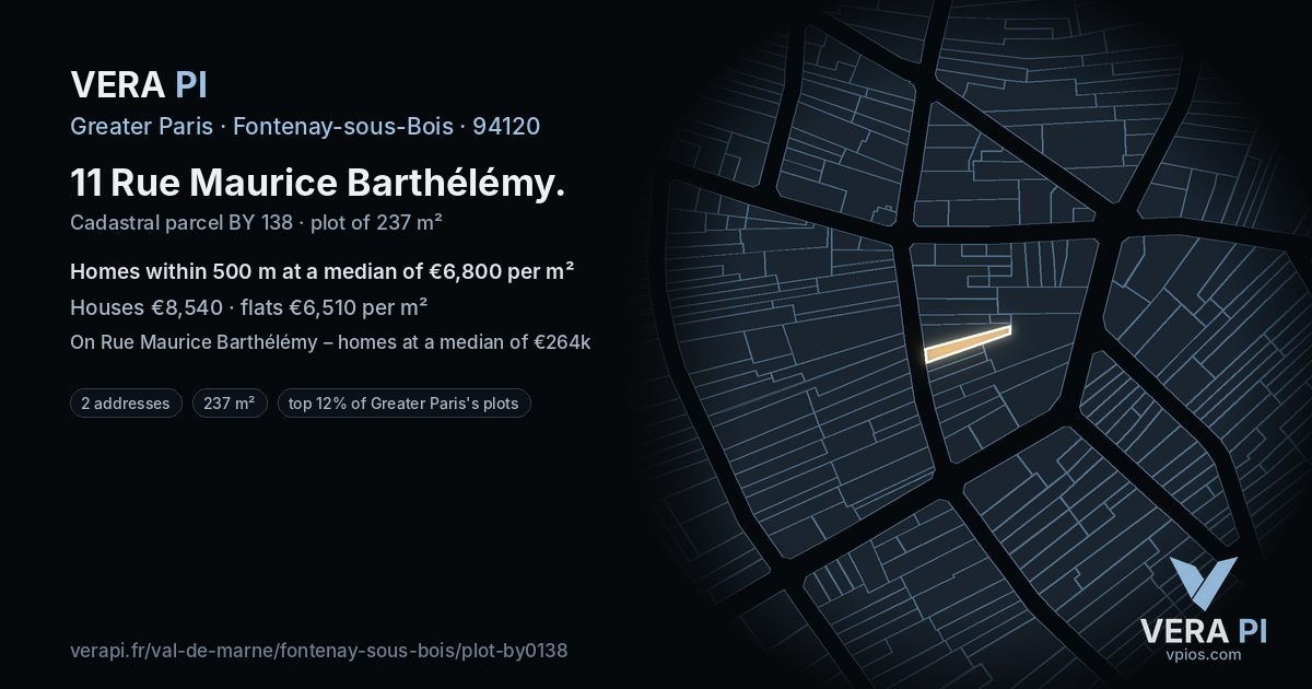 11 Rue Maurice Barthélémy, Fontenay-sous-Bois at night – the plot lit, the parcels around coloured by the prices near them