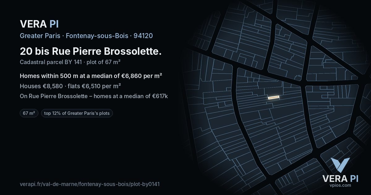 20 bis Rue Pierre Brossolette, Fontenay-sous-Bois at night – the plot lit, the parcels around coloured by the prices near them