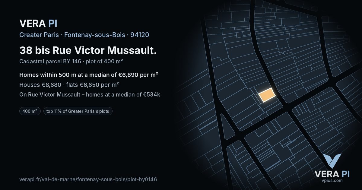 38 bis Rue Victor Mussault, Fontenay-sous-Bois at night – the plot lit, the parcels around coloured by the prices near them