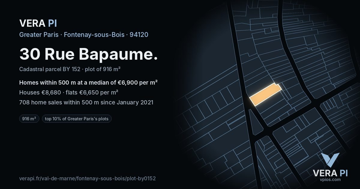 30 Rue Bapaume, Fontenay-sous-Bois at night – the plot lit, the parcels around coloured by the prices near them