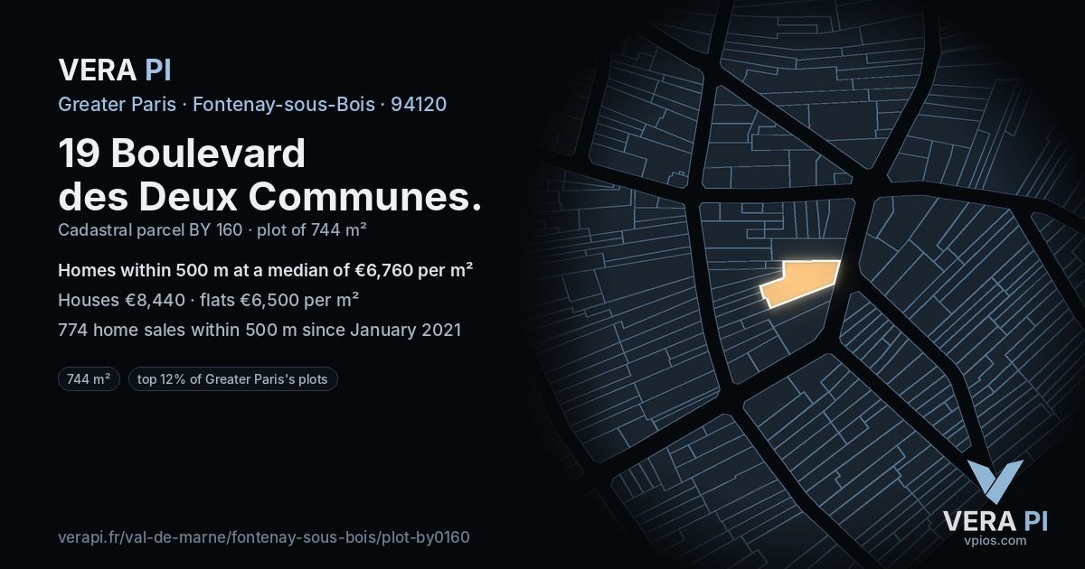 19 Boulevard des Deux Communes, Fontenay-sous-Bois at night – the plot lit, the parcels around coloured by the prices near them