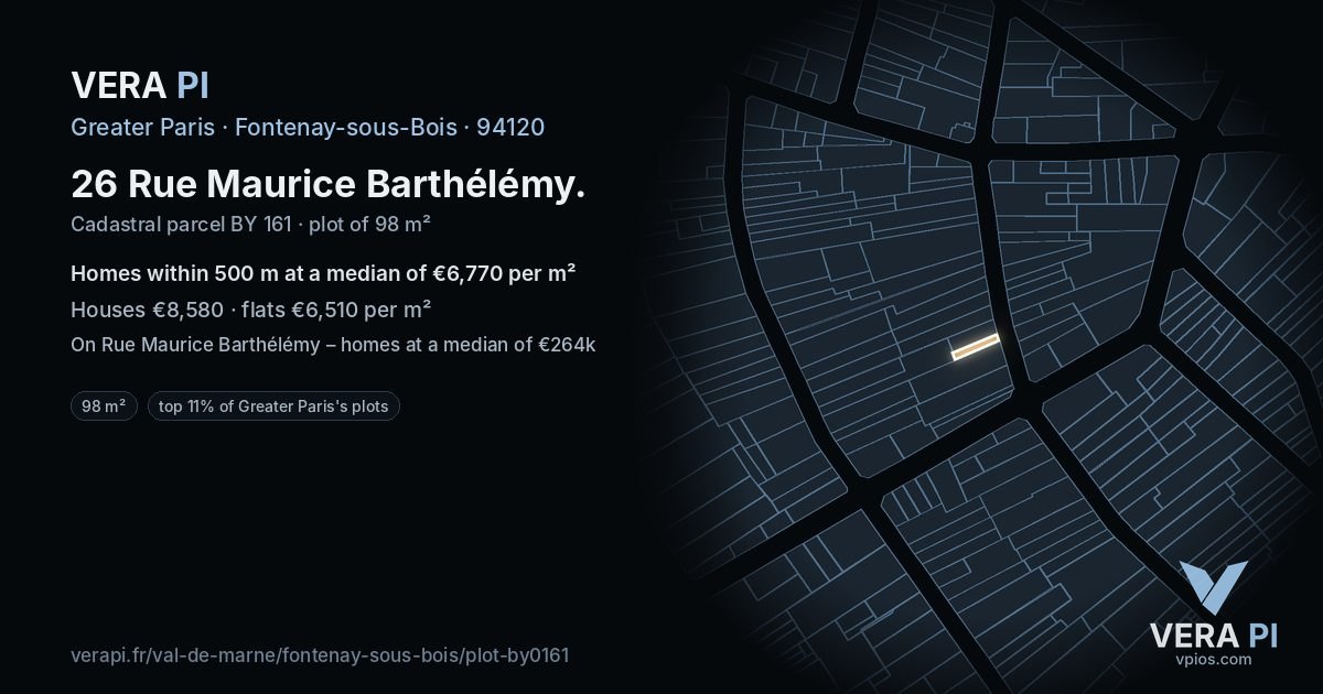 26 Rue Maurice Barthélémy, Fontenay-sous-Bois at night – the plot lit, the parcels around coloured by the prices near them