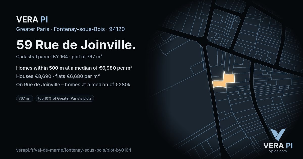 59 Rue de Joinville, Fontenay-sous-Bois at night – the plot lit, the parcels around coloured by the prices near them