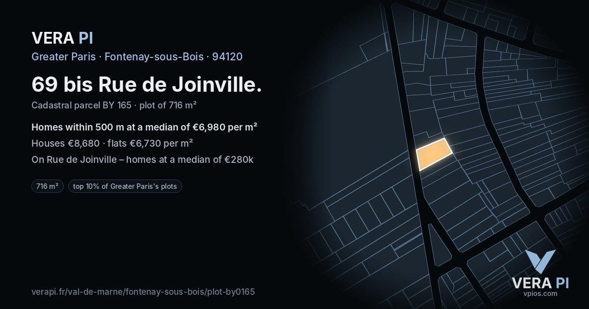 69 bis Rue de Joinville, Fontenay-sous-Bois at night – the plot lit, the parcels around coloured by the prices near them