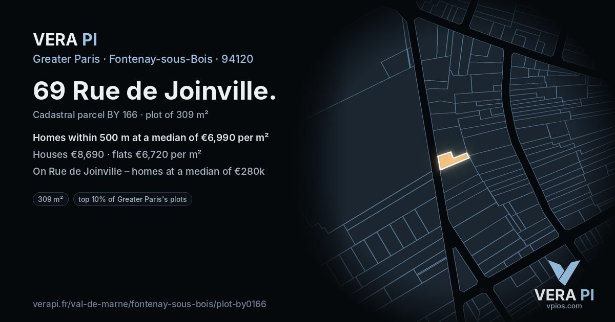 69 Rue de Joinville, Fontenay-sous-Bois at night – the plot lit, the parcels around coloured by the prices near them