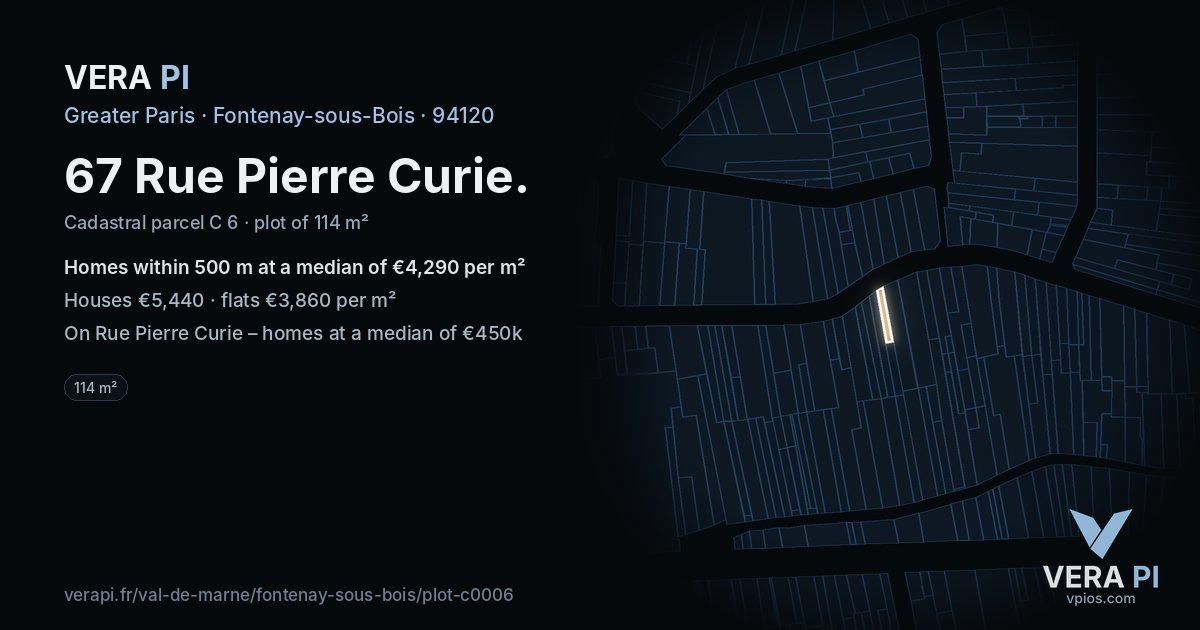 67 Rue Pierre Curie, Fontenay-sous-Bois at night – the plot lit, the parcels around coloured by the prices near them