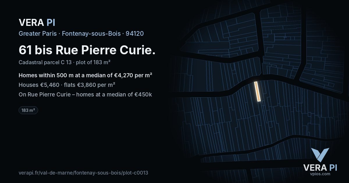 61 bis Rue Pierre Curie, Fontenay-sous-Bois at night – the plot lit, the parcels around coloured by the prices near them