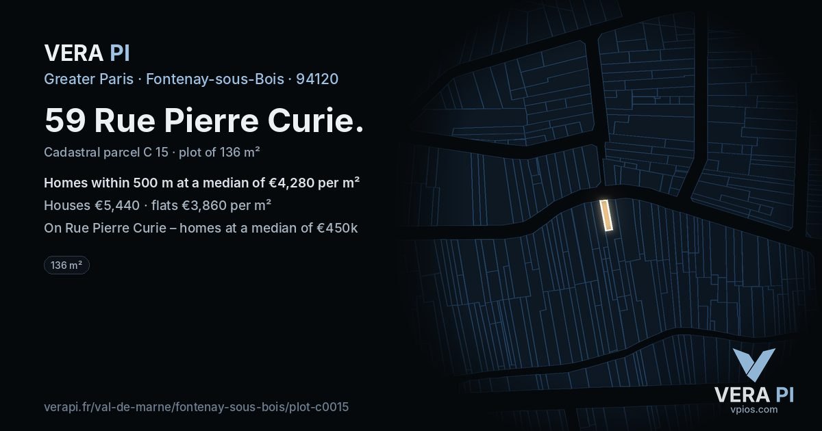 59 Rue Pierre Curie, Fontenay-sous-Bois at night – the plot lit, the parcels around coloured by the prices near them