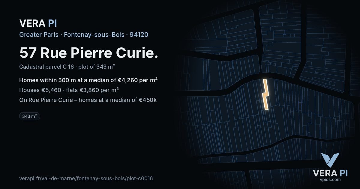 57 Rue Pierre Curie, Fontenay-sous-Bois at night – the plot lit, the parcels around coloured by the prices near them