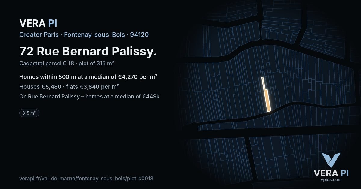 72 Rue Bernard Palissy, Fontenay-sous-Bois at night – the plot lit, the parcels around coloured by the prices near them