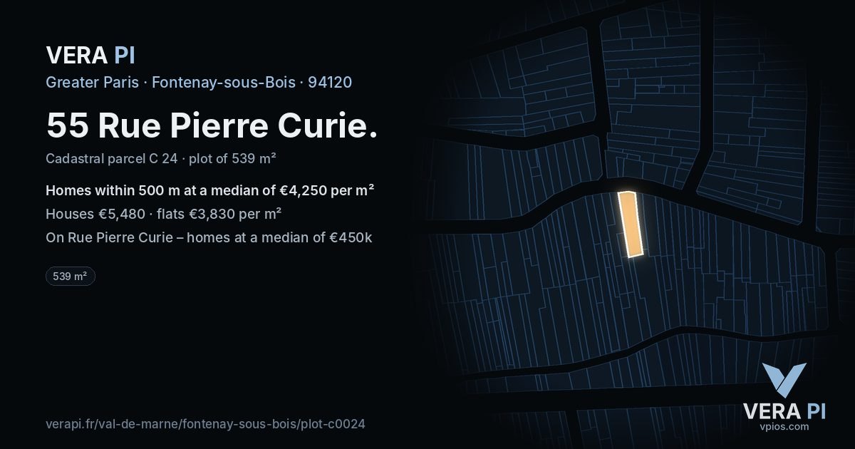 55 Rue Pierre Curie, Fontenay-sous-Bois at night – the plot lit, the parcels around coloured by the prices near them