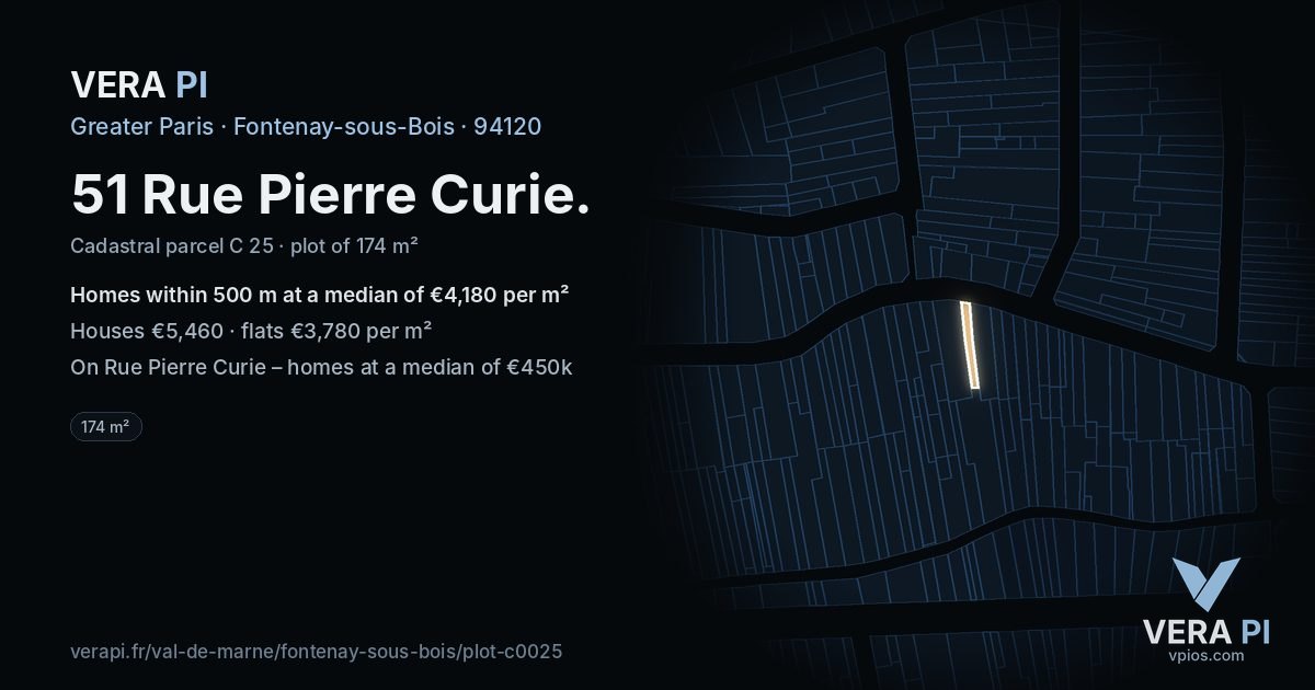 51 Rue Pierre Curie, Fontenay-sous-Bois at night – the plot lit, the parcels around coloured by the prices near them