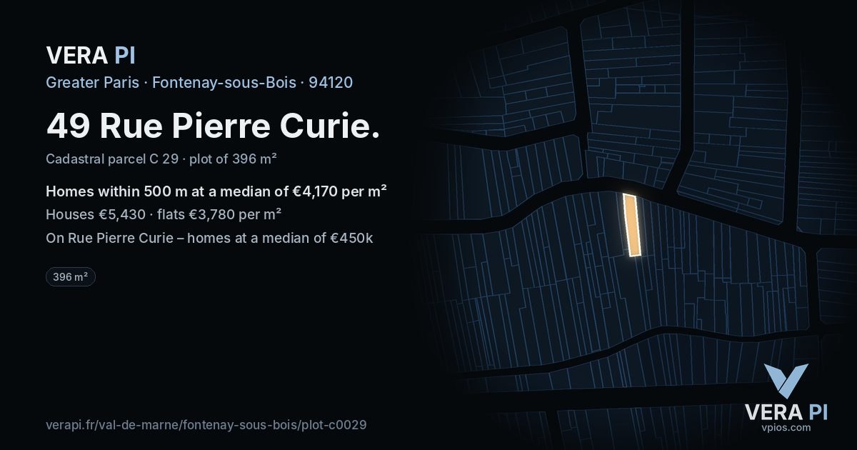 49 Rue Pierre Curie, Fontenay-sous-Bois at night – the plot lit, the parcels around coloured by the prices near them