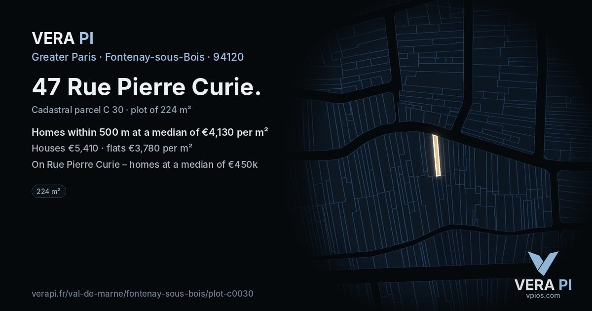 47 Rue Pierre Curie, Fontenay-sous-Bois at night – the plot lit, the parcels around coloured by the prices near them