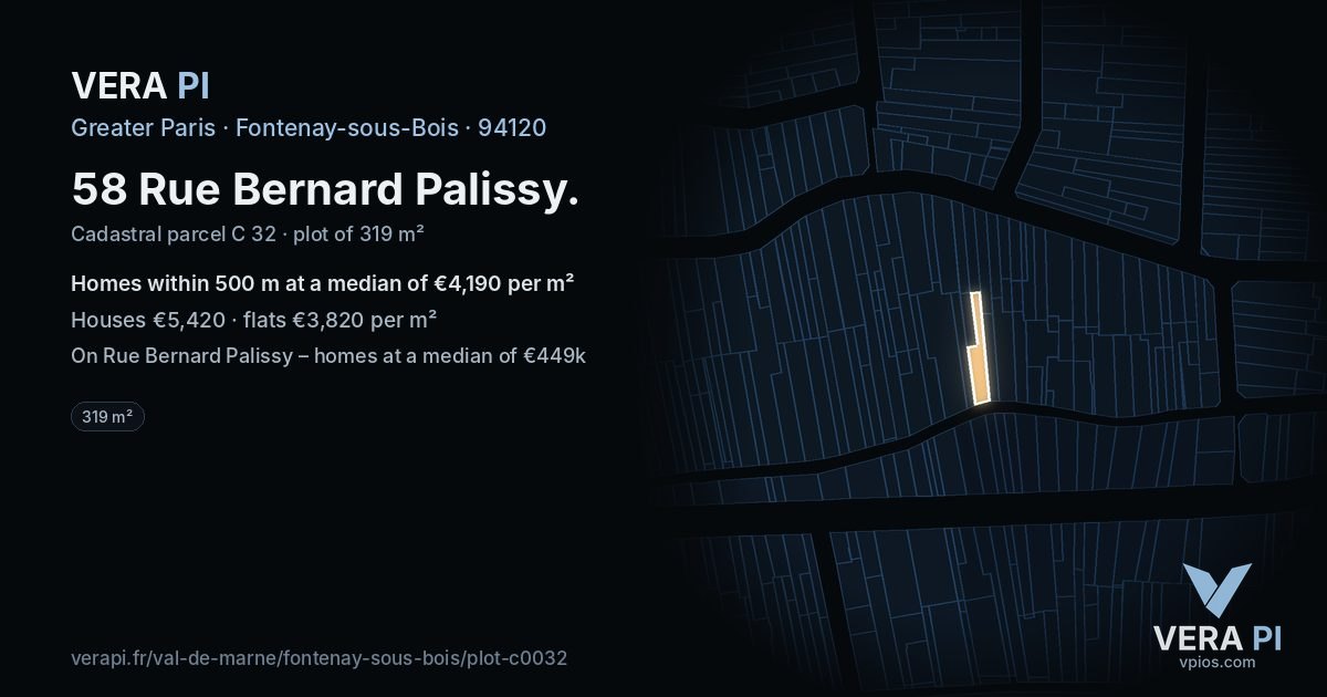 58 Rue Bernard Palissy, Fontenay-sous-Bois at night – the plot lit, the parcels around coloured by the prices near them