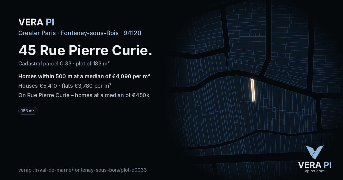 45 Rue Pierre Curie, Fontenay-sous-Bois at night – the plot lit, the parcels around coloured by the prices near them