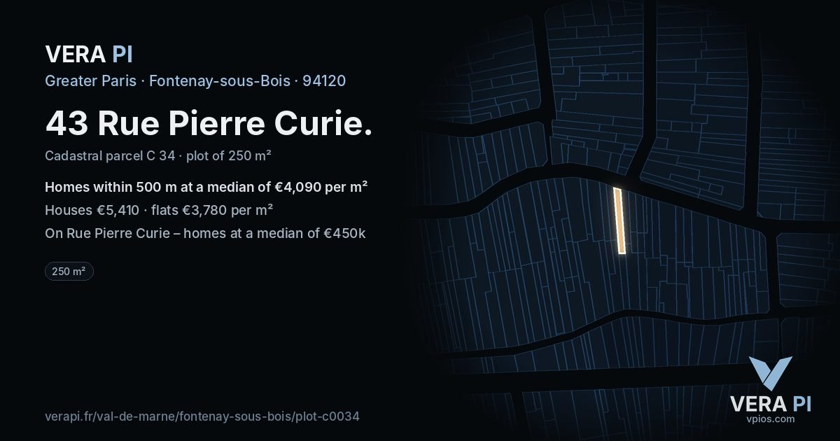 43 Rue Pierre Curie, Fontenay-sous-Bois at night – the plot lit, the parcels around coloured by the prices near them