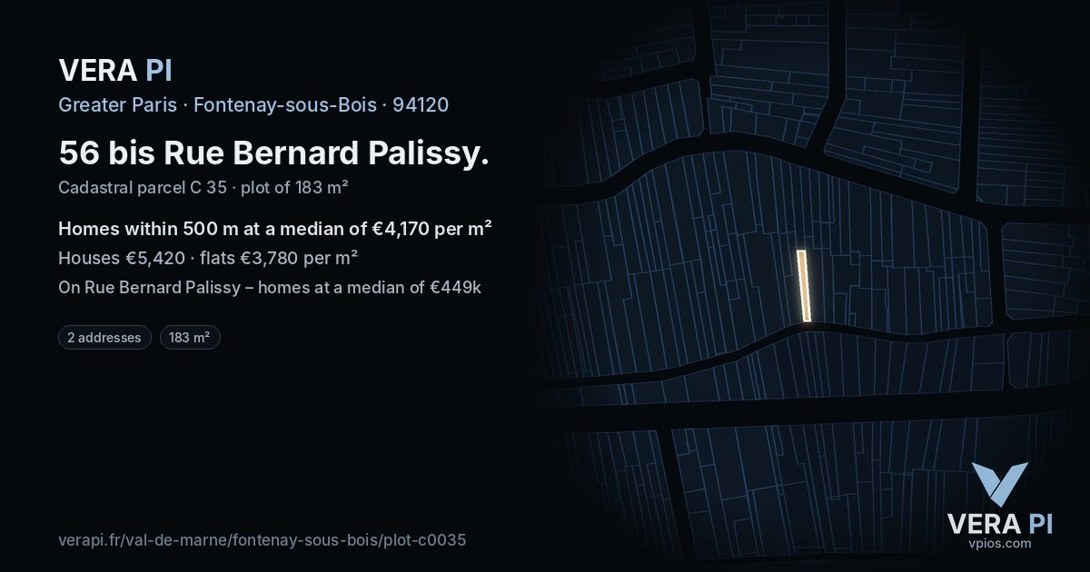 56 bis Rue Bernard Palissy, Fontenay-sous-Bois at night – the plot lit, the parcels around coloured by the prices near them