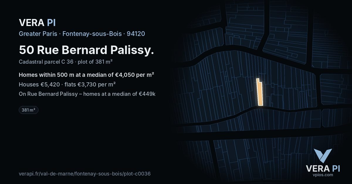 50 Rue Bernard Palissy, Fontenay-sous-Bois at night – the plot lit, the parcels around coloured by the prices near them