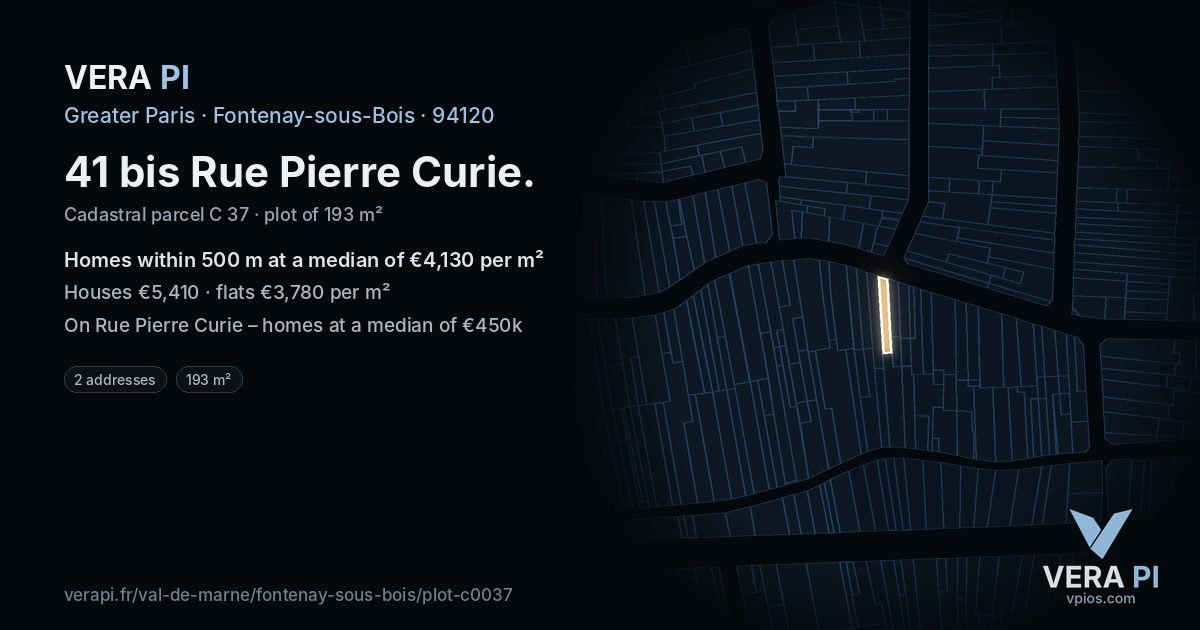 41 bis Rue Pierre Curie, Fontenay-sous-Bois at night – the plot lit, the parcels around coloured by the prices near them