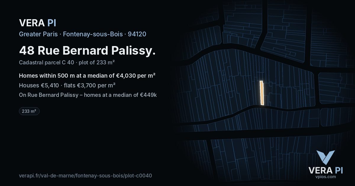 48 Rue Bernard Palissy, Fontenay-sous-Bois at night – the plot lit, the parcels around coloured by the prices near them