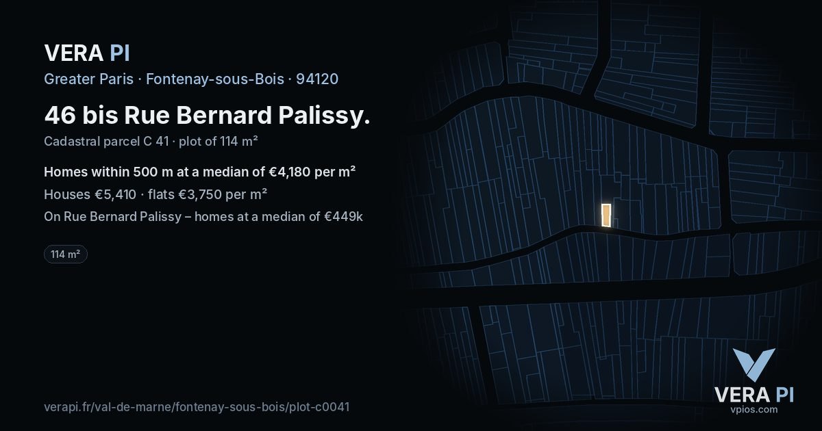 46 bis Rue Bernard Palissy, Fontenay-sous-Bois at night – the plot lit, the parcels around coloured by the prices near them