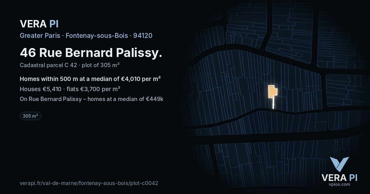 46 Rue Bernard Palissy, Fontenay-sous-Bois at night – the plot lit, the parcels around coloured by the prices near them