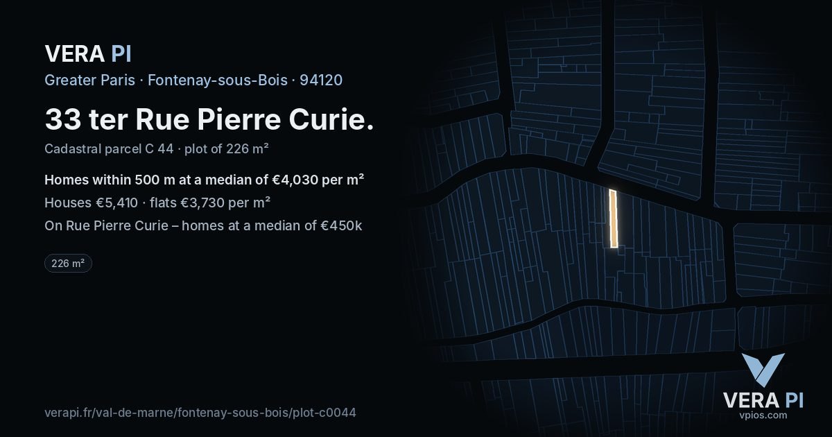 33 ter Rue Pierre Curie, Fontenay-sous-Bois at night – the plot lit, the parcels around coloured by the prices near them