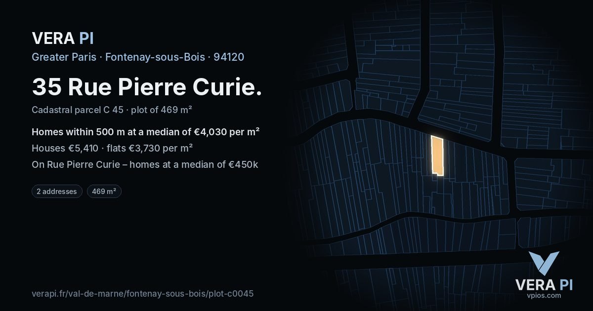 35 Rue Pierre Curie, Fontenay-sous-Bois at night – the plot lit, the parcels around coloured by the prices near them