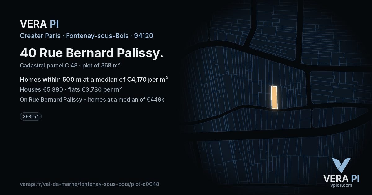 40 Rue Bernard Palissy, Fontenay-sous-Bois at night – the plot lit, the parcels around coloured by the prices near them