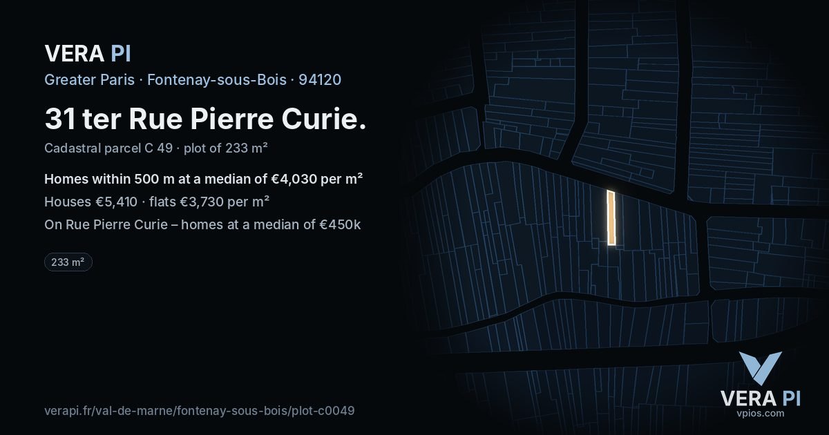 31 ter Rue Pierre Curie, Fontenay-sous-Bois at night – the plot lit, the parcels around coloured by the prices near them