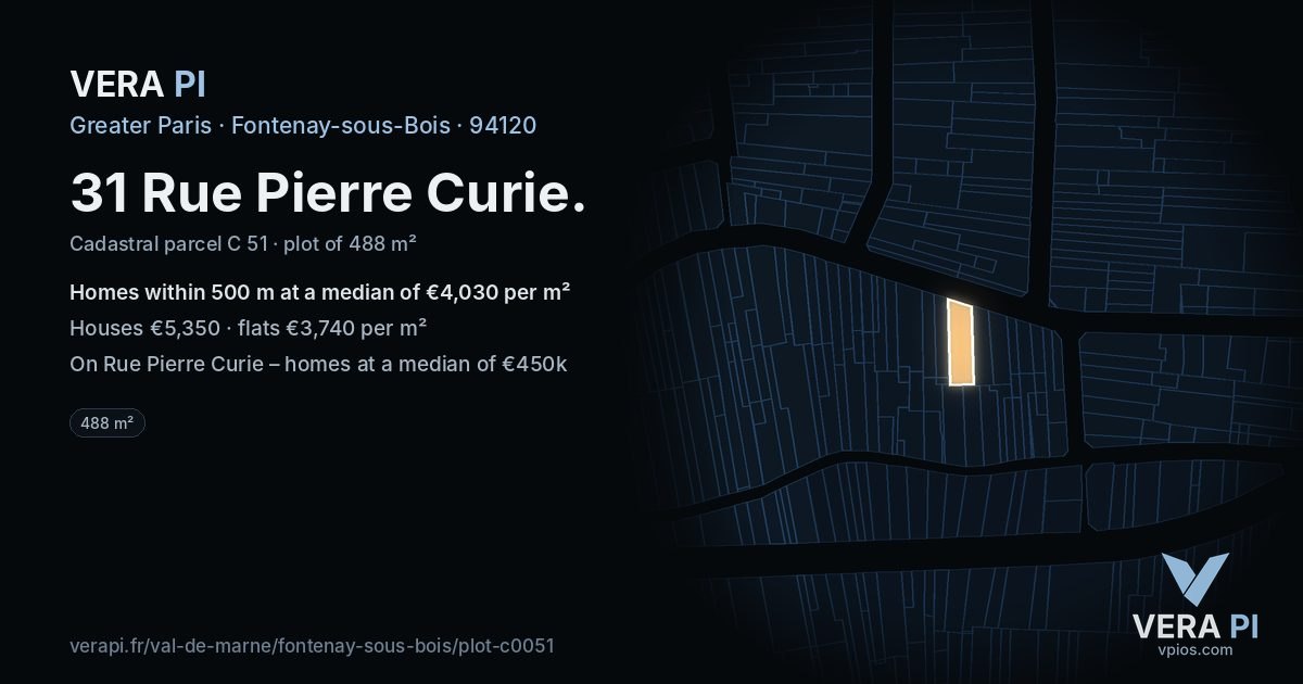 31 Rue Pierre Curie, Fontenay-sous-Bois at night – the plot lit, the parcels around coloured by the prices near them