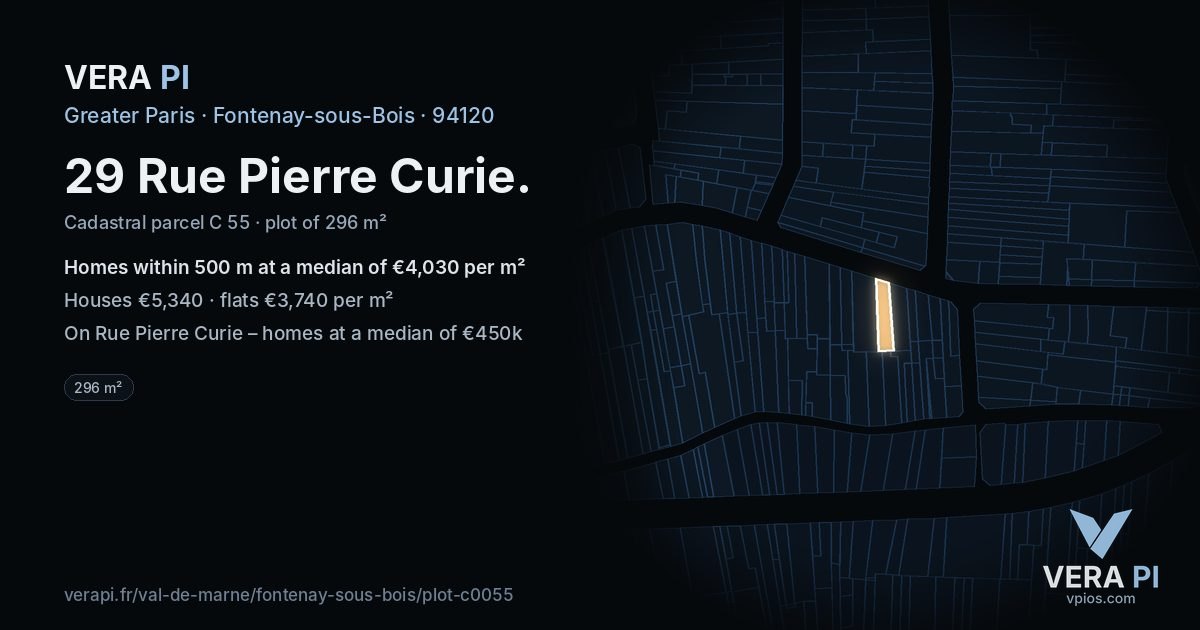 29 Rue Pierre Curie, Fontenay-sous-Bois at night – the plot lit, the parcels around coloured by the prices near them
