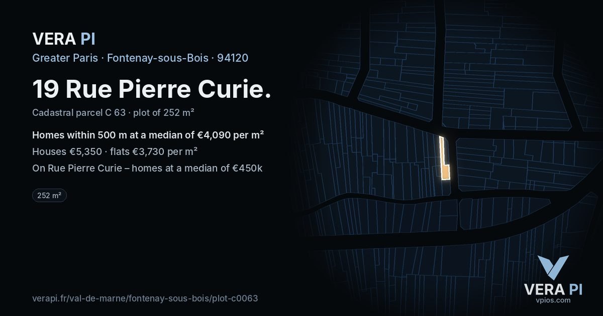 19 Rue Pierre Curie, Fontenay-sous-Bois at night – the plot lit, the parcels around coloured by the prices near them