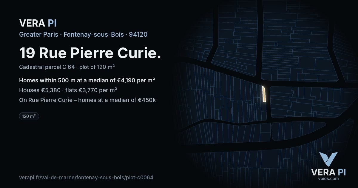 19 Rue Pierre Curie, Fontenay-sous-Bois at night – the plot lit, the parcels around coloured by the prices near them
