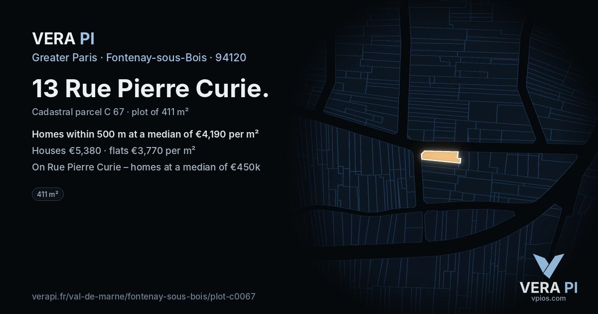 13 Rue Pierre Curie, Fontenay-sous-Bois at night – the plot lit, the parcels around coloured by the prices near them