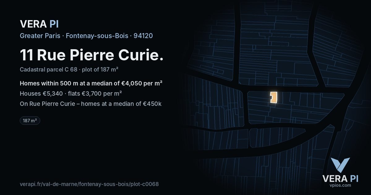 11 Rue Pierre Curie, Fontenay-sous-Bois at night – the plot lit, the parcels around coloured by the prices near them