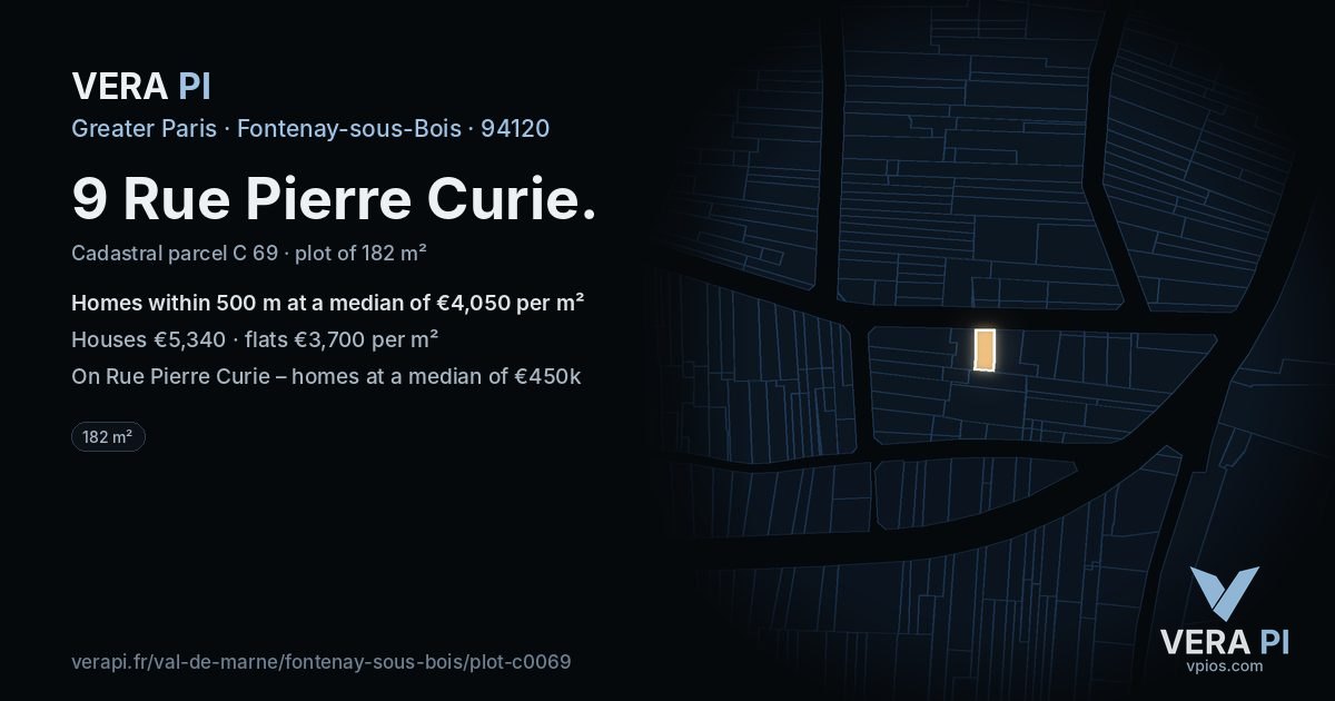 9 Rue Pierre Curie, Fontenay-sous-Bois at night – the plot lit, the parcels around coloured by the prices near them