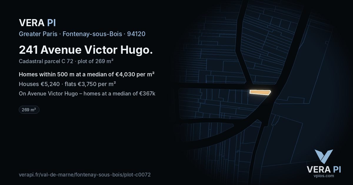 241 Avenue Victor Hugo, Fontenay-sous-Bois at night – the plot lit, the parcels around coloured by the prices near them
