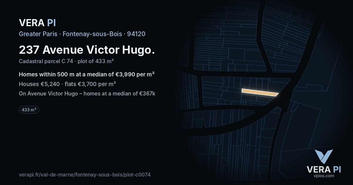237 Avenue Victor Hugo, Fontenay-sous-Bois at night – the plot lit, the parcels around coloured by the prices near them