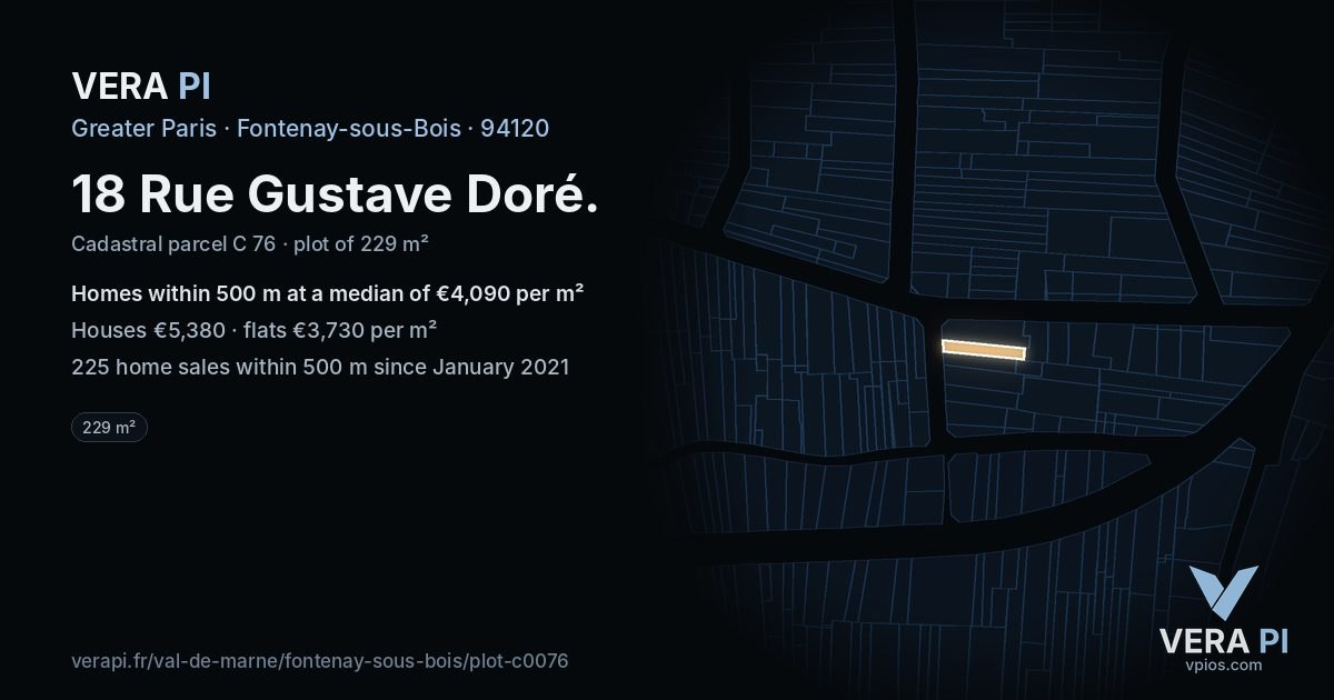 18 Rue Gustave Doré, Fontenay-sous-Bois at night – the plot lit, the parcels around coloured by the prices near them