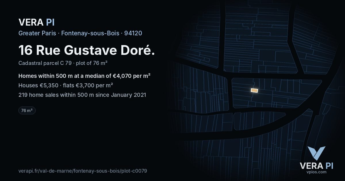 16 Rue Gustave Doré, Fontenay-sous-Bois at night – the plot lit, the parcels around coloured by the prices near them