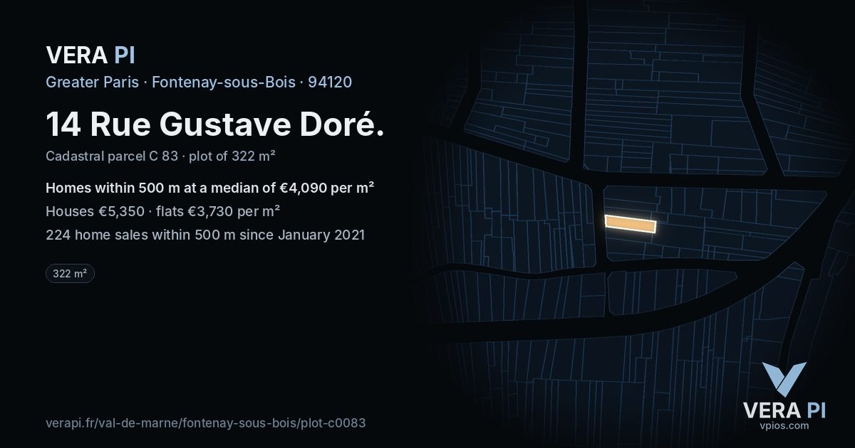 14 Rue Gustave Doré, Fontenay-sous-Bois at night – the plot lit, the parcels around coloured by the prices near them