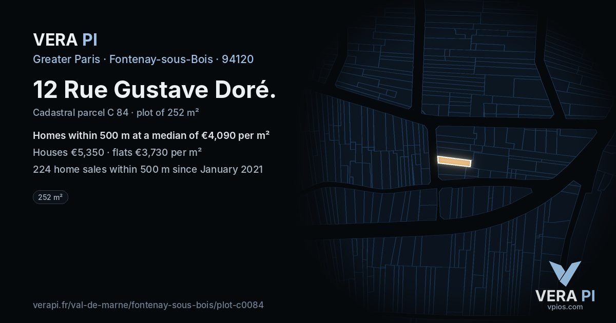 12 Rue Gustave Doré, Fontenay-sous-Bois at night – the plot lit, the parcels around coloured by the prices near them