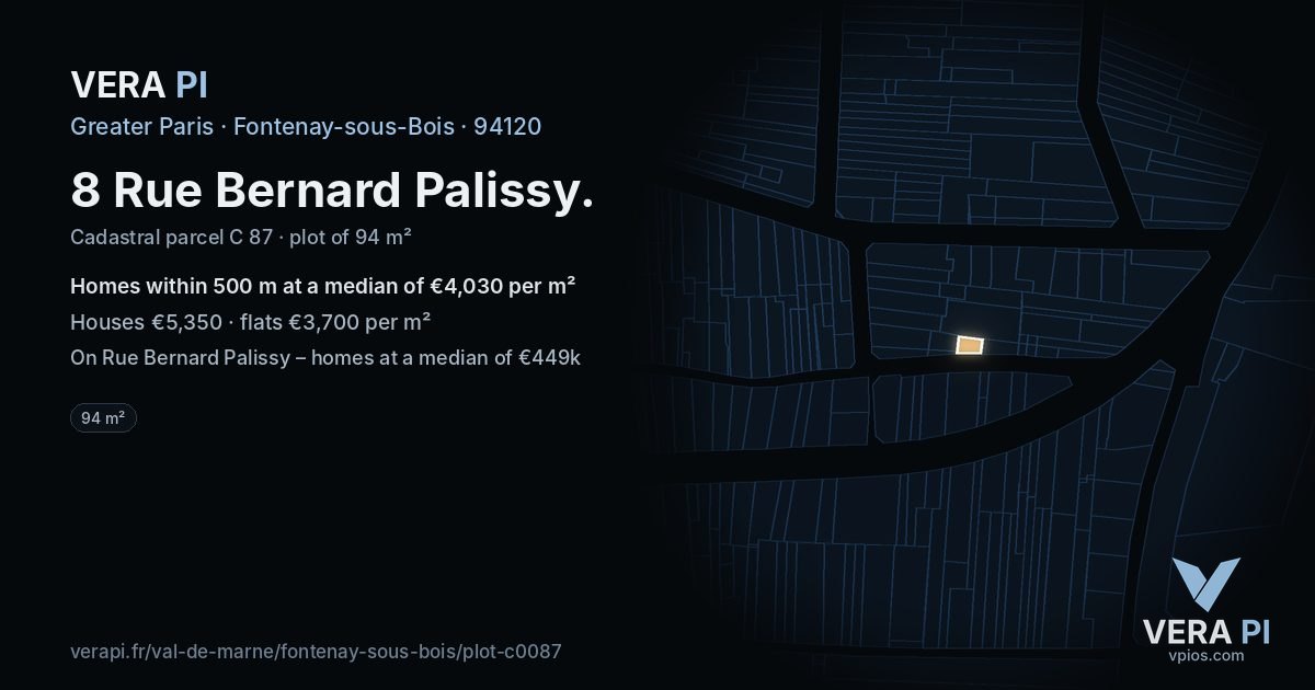 8 Rue Bernard Palissy, Fontenay-sous-Bois at night – the plot lit, the parcels around coloured by the prices near them