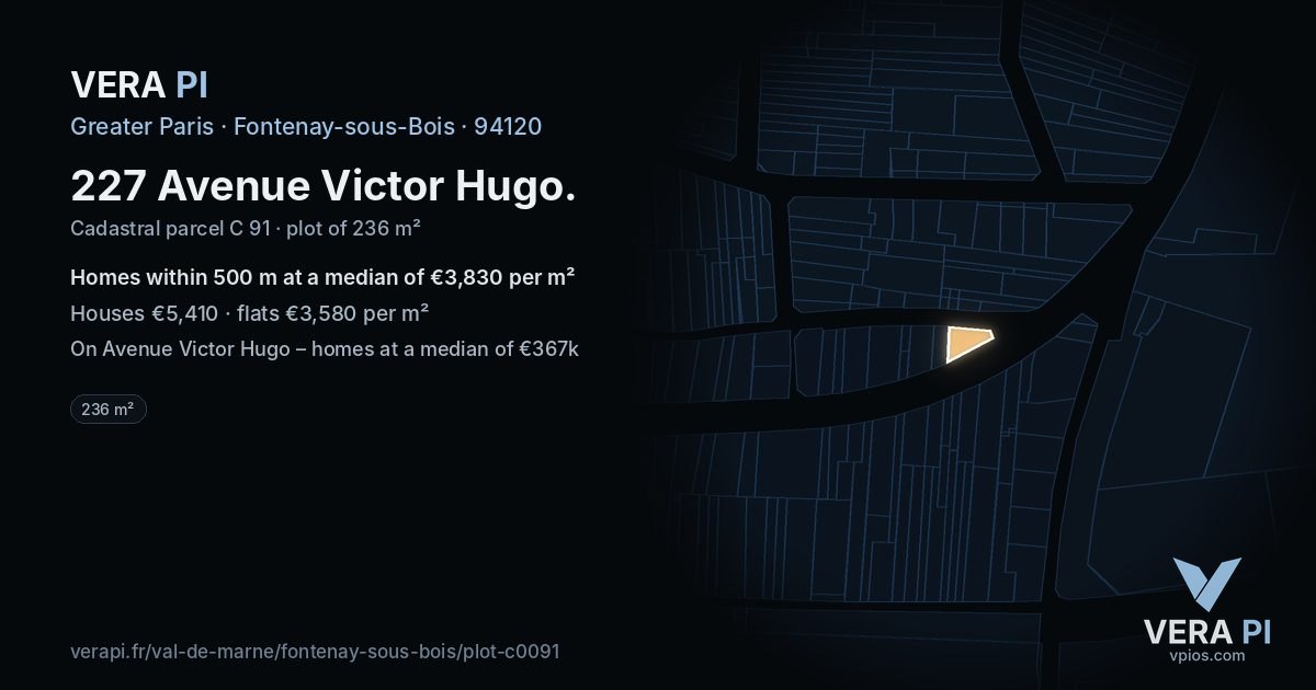 227 Avenue Victor Hugo, Fontenay-sous-Bois at night – the plot lit, the parcels around coloured by the prices near them