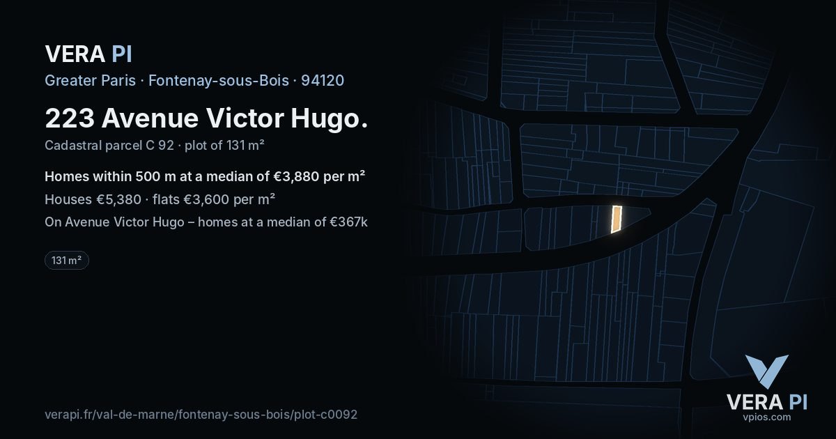 223 Avenue Victor Hugo, Fontenay-sous-Bois at night – the plot lit, the parcels around coloured by the prices near them